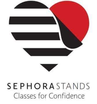 A heart-shaped logo with black and white horizontal stripes on the left and a red section on the upper right. Text below reads: SEPHORA STANDS Classes for Confidence.