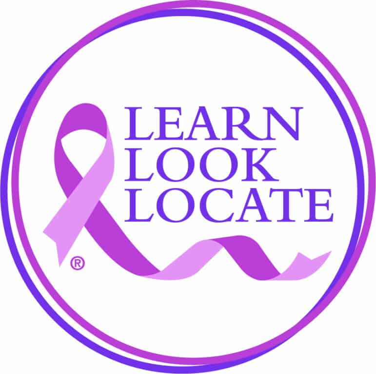 A purple and pink ribbon forms part of a circular logo with the words LEARN LOOK LOCATE in purple capital letters inside the circle. The logo is bordered by two purple circular lines.