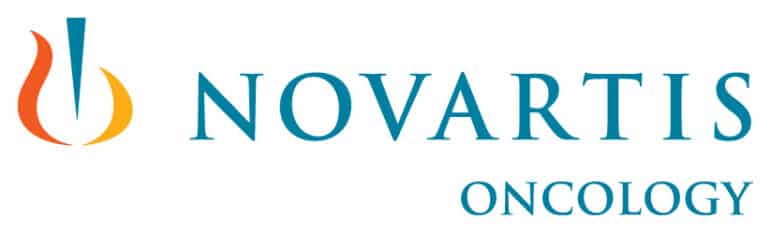 Novartis Oncology logo with an abstract orange and blue flame-like symbol on the left, and the words NOVARTIS in blue and ONCOLOGY in light blue on the right.