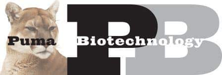A puma’s face is overlaid on large, bold letters “PB.” The words “Puma Biotechnology” are written across the letters, with “Puma” on the left and “Biotechnology” on the right.