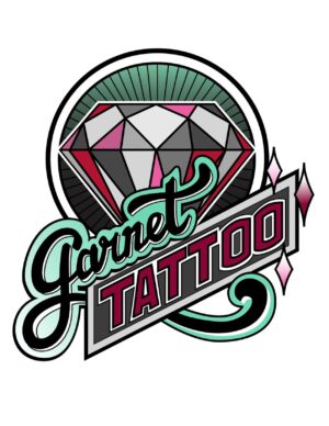 A stylized diamond with pink, black, and white facets sits above the words “Garnet Tattoo” in bold script and block letters, with teal outlines and decorative pink and teal accents—an eye-catching design that perfectly puts your best face forward 2.0.