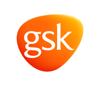 The image shows the GSK logo with lowercase white letters gsk on an orange, irregular oval shape with a gradient effect, set against a plain light grey background.