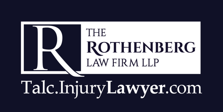 Logo for The Rothenberg Law Firm LLP with the website Talc.InjuryLawyer.com displayed below in white text on a dark background.