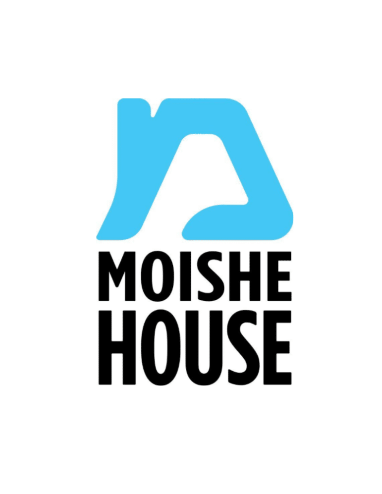 A blue abstract shape above the words “MOISHE HOUSE” in bold black capital letters, all set against a plain white background.