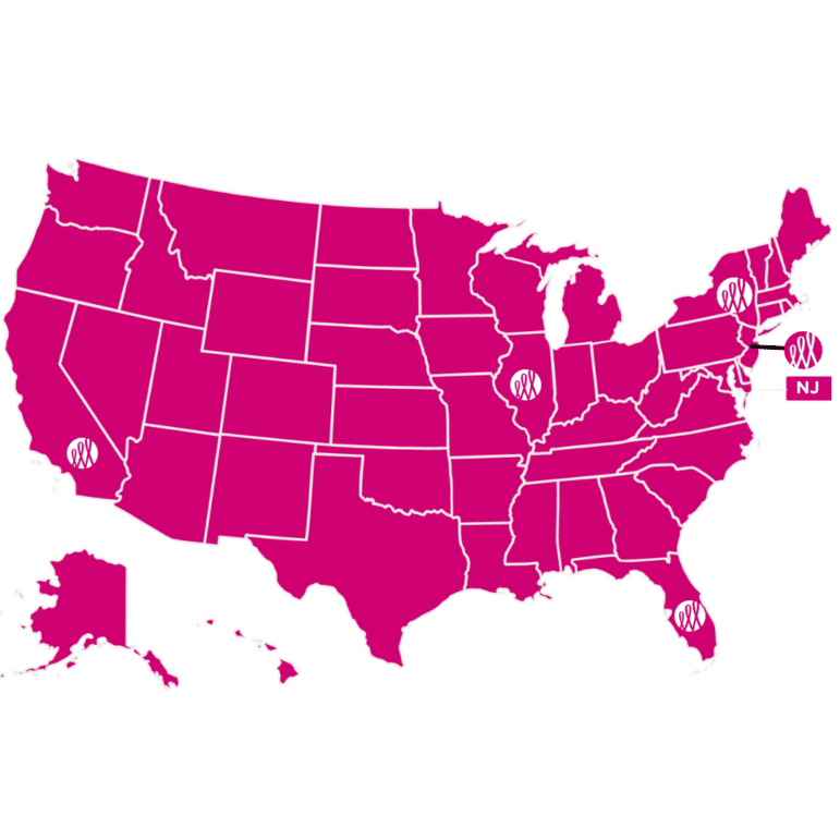 A map of the United States is shown in pink with state borders outlined. There are breast cancer awareness ribbons marking New Jersey, Illinois, Massachusetts, and Hawaii.