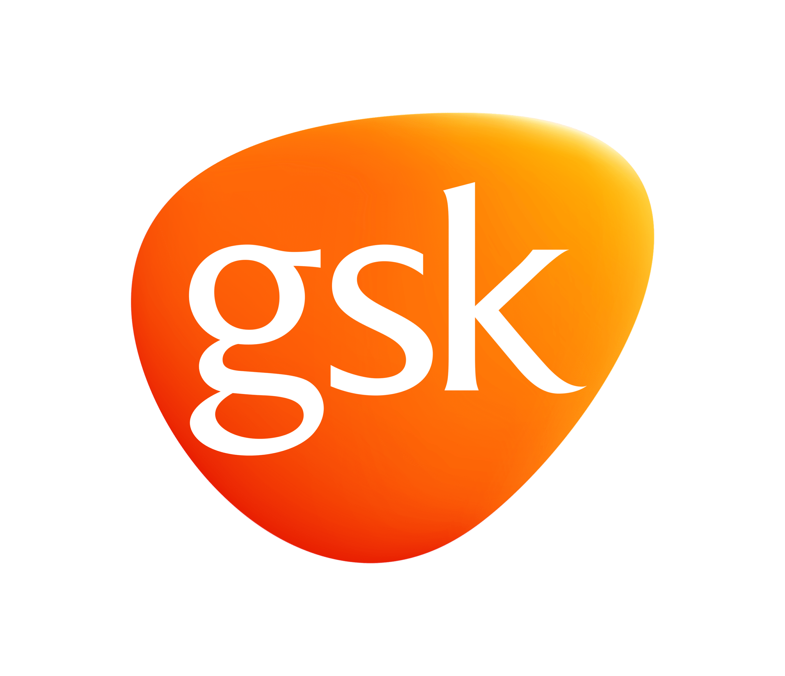 The image shows the GSK logo with the lowercase letters gsk in white on an orange, rounded triangular background.