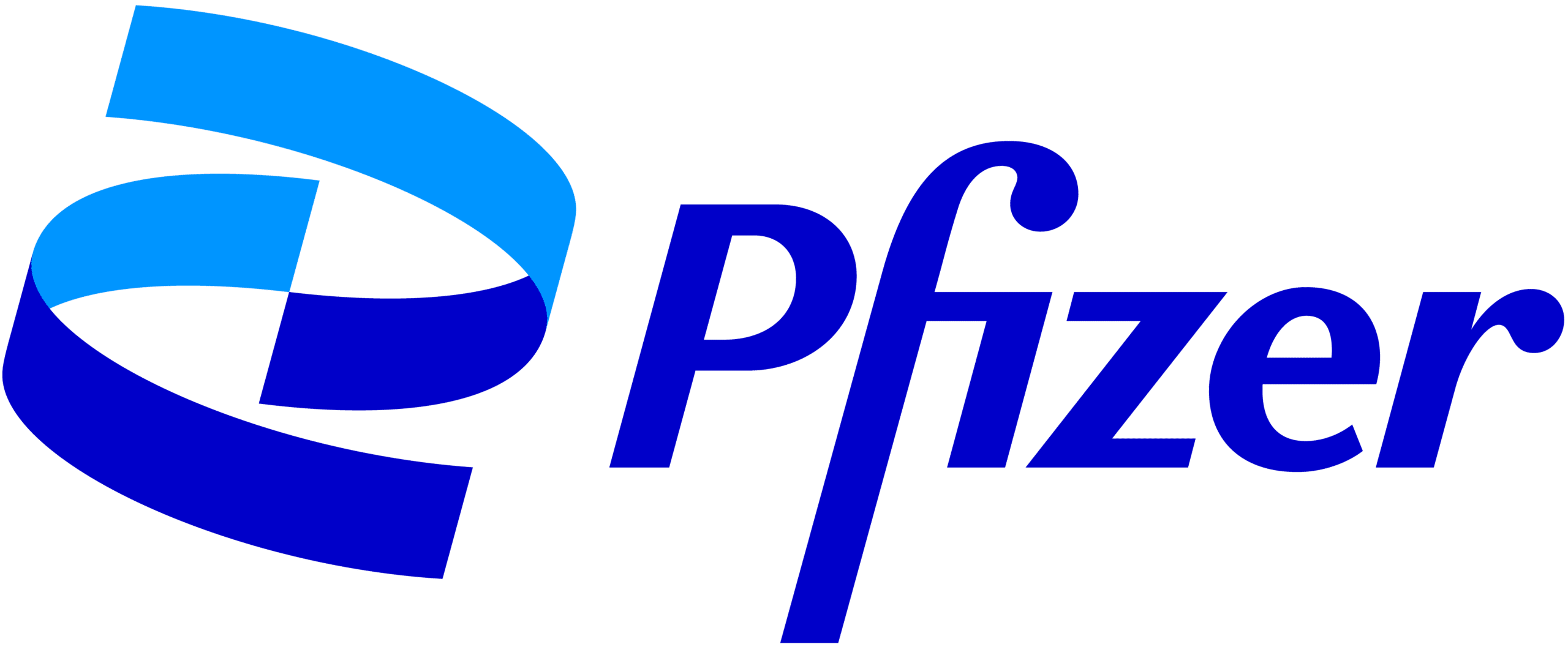 The Pfizer logo features the word Pfizer in blue text next to a stylized blue ribbon-like design, set against a white background.
