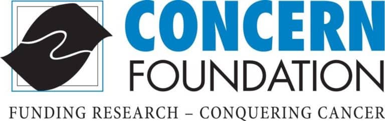 Logo for the Concern Foundation featuring a stylized black and white icon, large blue and black text reading CONCERN FOUNDATION, and the tagline Funding Research – Conquering Cancer below.