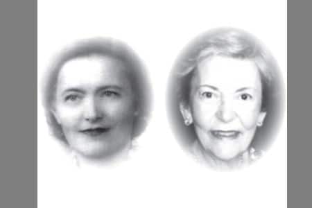 Two black and white oval-framed portraits of the same older woman, side by side, showing subtle changes in facial appearance over time. The background is white with gray borders on each side.