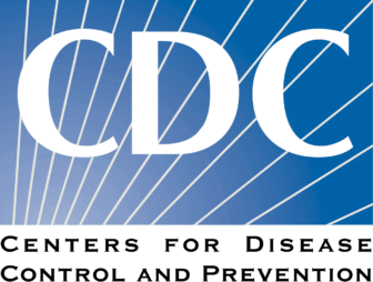 CDC logo with large white letters on a blue background featuring radiating white lines. Below, Centers for Disease Control and Prevention is written in black capital letters on a white strip.
