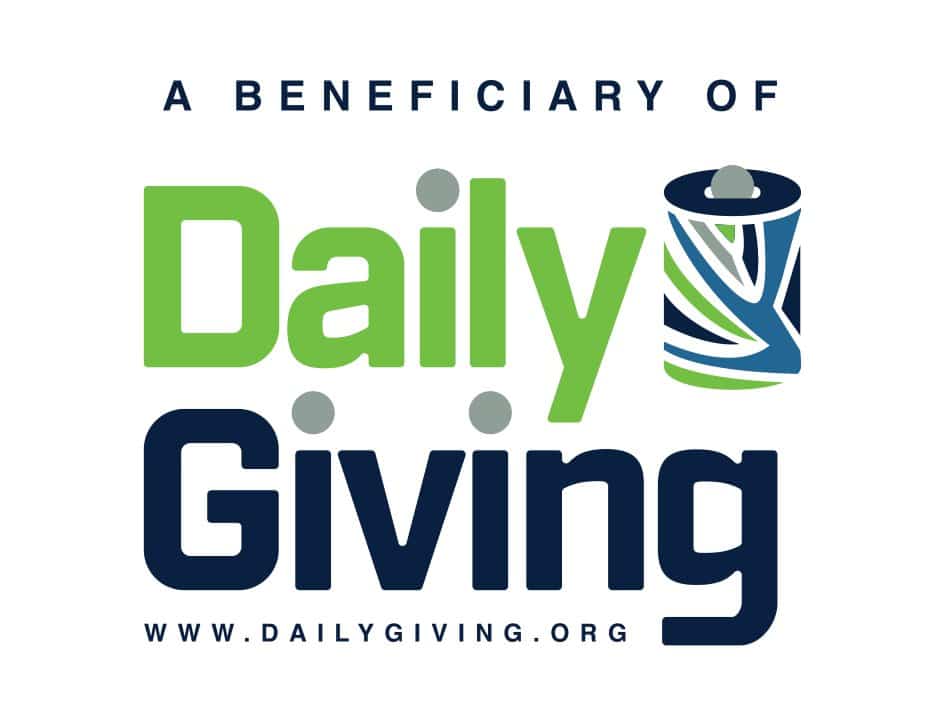 A logo reading “A beneficiary of Daily Giving” with a trash can icon and the website www.dailygiving.org displayed at the bottom. The words Daily is in green and Giving is in navy blue.