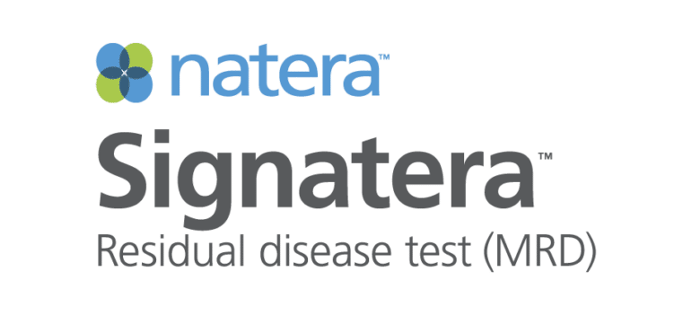The image shows the Natera logo, a blue and green abstract flower, followed by the words natera™ Signatera™ Residual disease test (MRD) on a light background.