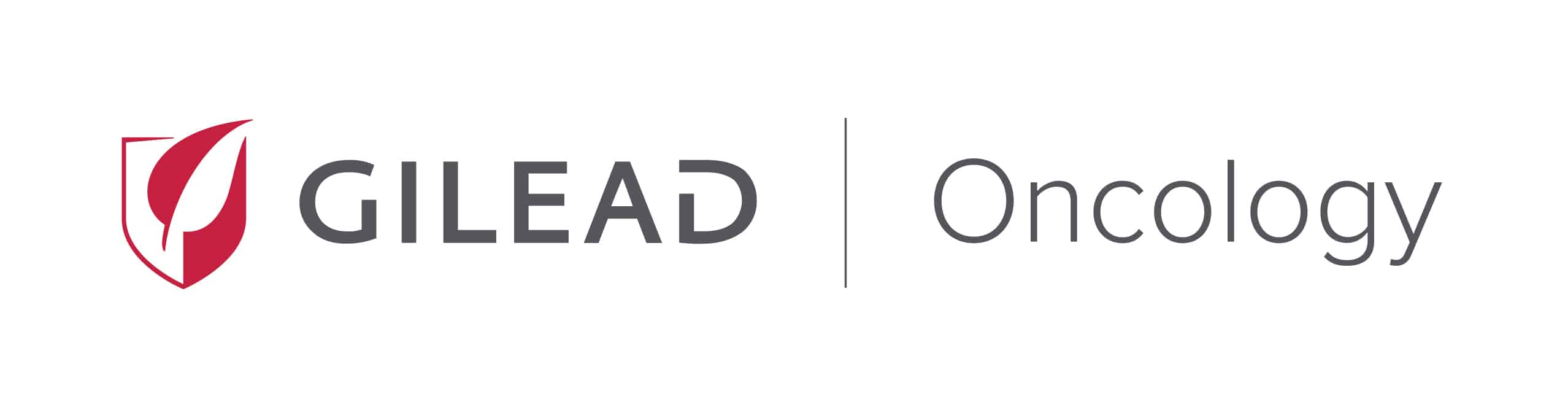 Gilead Oncology logo with a red shield and white quill icon to the left of the word GILEAD in gray, followed by a vertical line and the word Oncology in gray.