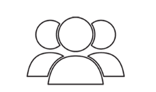 Simple black outline icon depicting three people, with one large figure in front and two smaller figures behind it, representing a group or community.