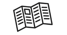 Black and white line drawing of an open, folded paper brochure or pamphlet with lines representing text and a small square representing an image or graphic on one panel.