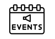 A black and white line drawing of a calendar with a megaphone icon above the word EVENTS in capital letters.