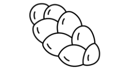 A simple black and white line drawing of a braided loaf of bread, shown from an angled top view. The loaf consists of six rounded segments, indicating the braided pattern.