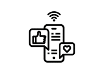Black and white icon of a smartphone with two message bubbles, one displaying a thumbs up and the other a heart. A wireless signal symbol is above the phone.