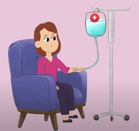 May contain person sitting in chair with IV.
