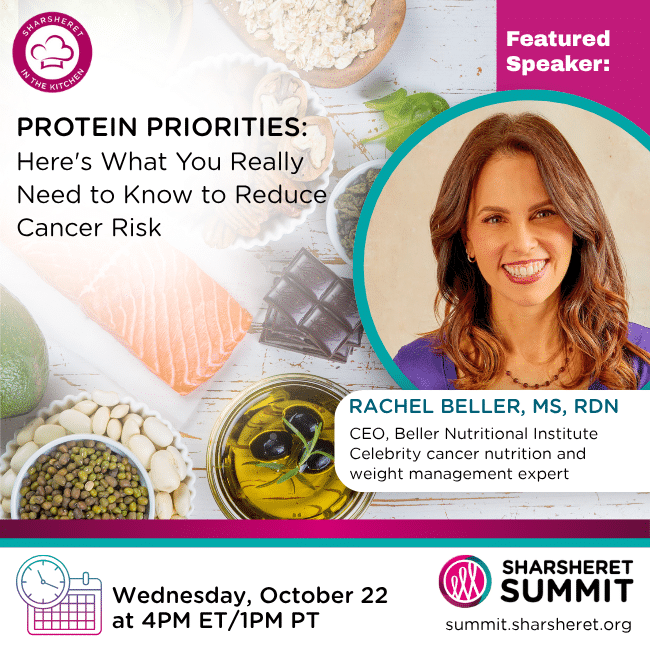 Protein Priorities_ Here’s what you really need to know to reduce cancer risk May contain a person smiling, food items like salmon, beans, and olive oil, and information about protein priorities and cancer risk reduction.