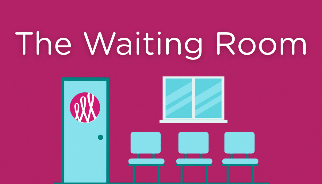 A rendition of a waiting room with three blue chairs, a window above the chairs, and a door to the left of the chairs with the Sharsheret logo and the words 'The Waiting Room' at the top of the image.