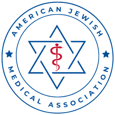 Logo of the American Jewish Medical Association, featuring a blue Star of David with a red Rod of Asclepius symbol in the center, encircled by the organizations name in blue text.