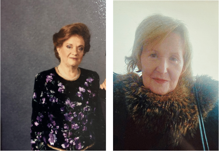 Two older women are shown in portrait photos. The woman on the left wears a black top with purple flowers and has styled hair. The woman on the right has lighter hair and wears a dark coat with a fur collar.