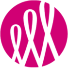 A solid pink circle with three white ribbon shapes of varying sizes inside, arranged vertically and overlapping slightly.