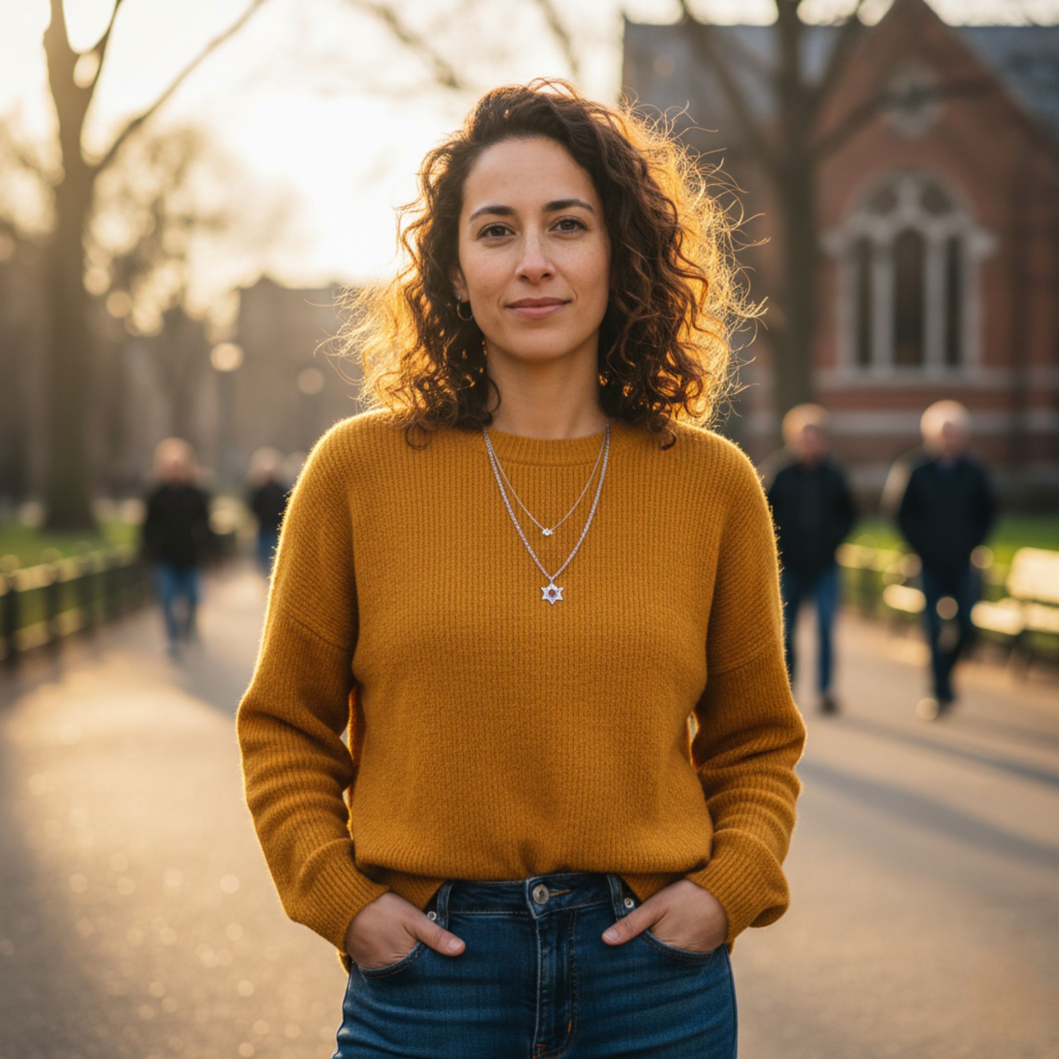 A woman with curly hair, wearing a mustard yellow sweater and layered necklaces, stands in a sunlit park with blurred people walking and a building in the background.