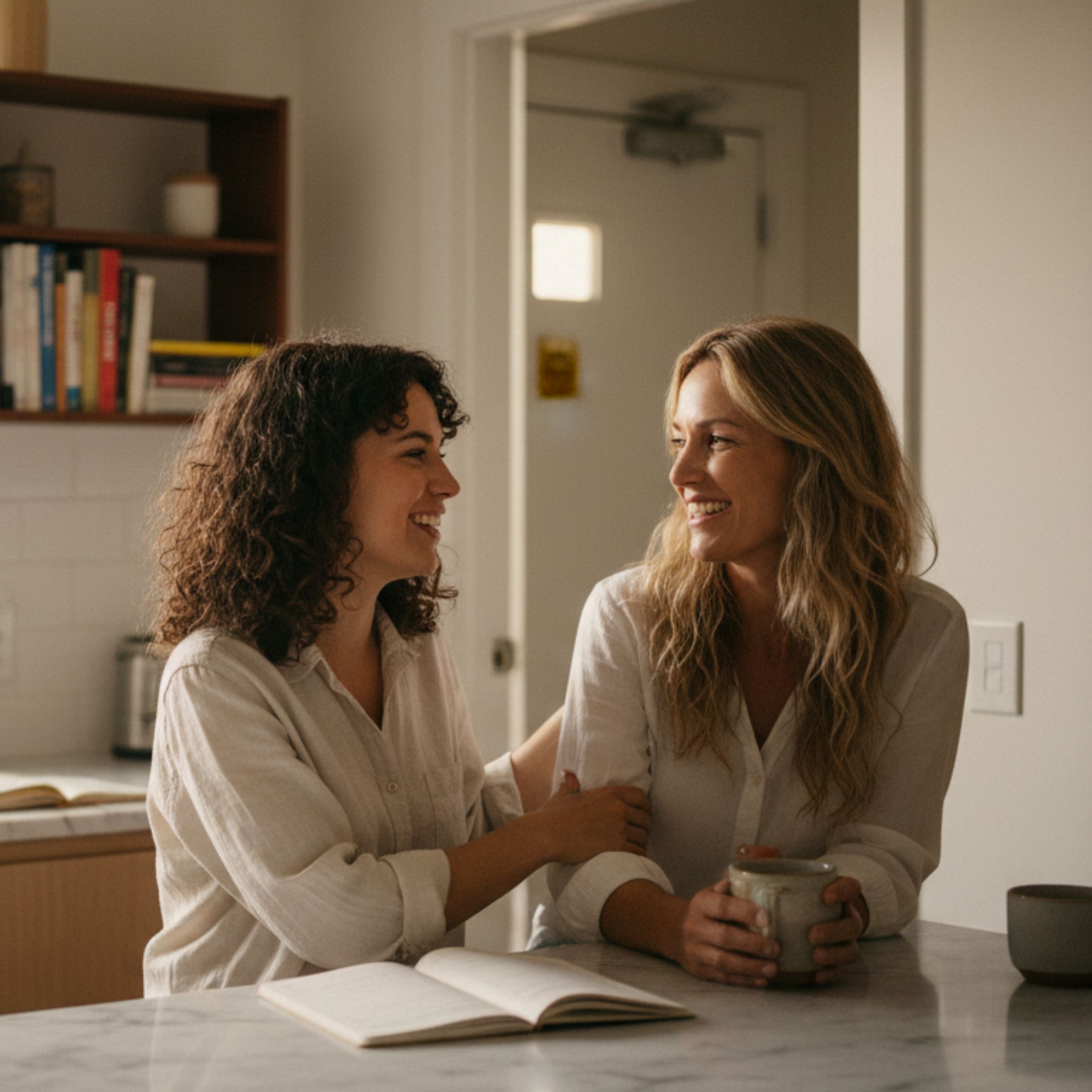 Two women sit together at a kitchen counter, smiling at each other. One holds a mug while the other rests her hand on her friends arm. An open notebook lies on the counter in front of them.