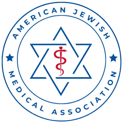 A circular logo with a blue Star of David in the center, containing a red caduceus symbol. The outer ring reads American Jewish Medical Association in blue capital letters.
