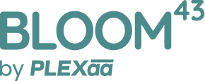 Logo with the text BLOOM43 in large teal letters and by PLEXaa in smaller text below, all on a light background.