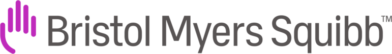 The Bristol Myers Squibb logo features a stylized purple handprint icon followed by the company name in gray sans-serif font on a white background.