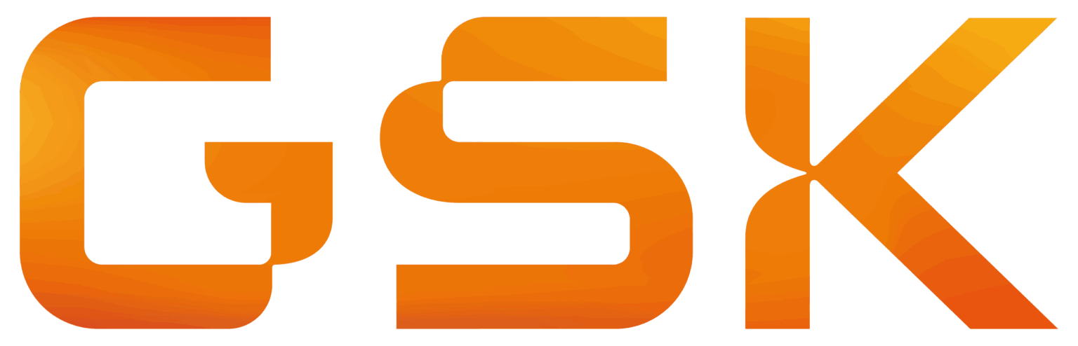 The image shows the stylized letters GSK in a gradient orange color with a modern, geometric font on a transparent background.