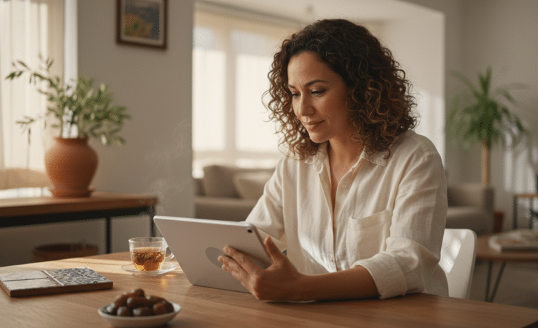 A woman with curly hair sits at a table in a bright, modern living room, looking at a tablet. There is a cup of tea, a bowl of grapes, and a notebook on the table in front of her.