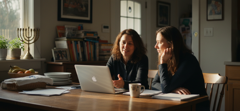 Two women sit at a wooden kitchen table with a laptop, papers, and mugs, discussing Jewish peer support for cancer patients. Shelves with books, a menorah, and framed pictures are visible as sunlight streams through a nearby window.
