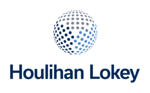 Houlihan Lokey logo featuring a blue globe made up of small circular dots above the company name Houlihan Lokey in dark blue text on a transparent background.