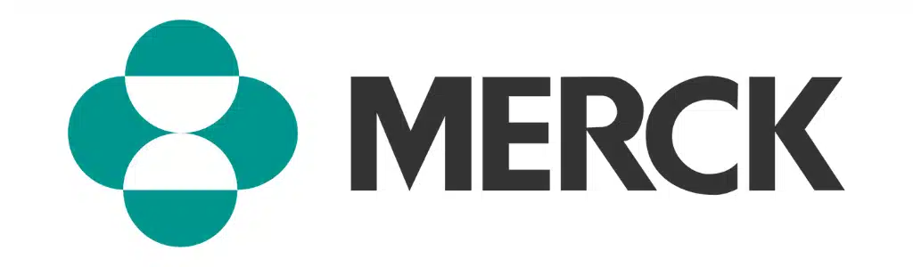 Merck logo featuring four teal and white circular shapes forming a cross-like design on the left, with the word MERCK in bold, black capital letters to the right.