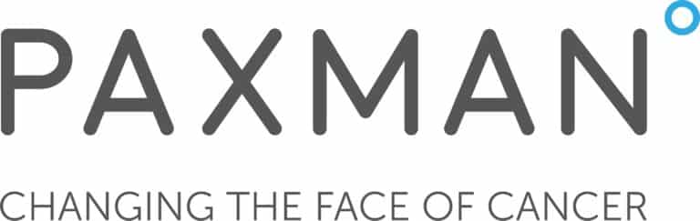 Paxman logo with the tagline Changing the face of cancer written below in capital letters. The letter O in Paxman is replaced by a small blue circle.