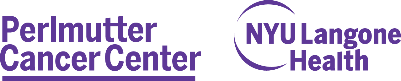 Logo for Perlmutter Cancer Center on the left and NYU Langone Health on the right, both in purple text on a white background.