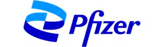 The image shows the Pfizer logo, featuring a blue stylized spiral icon to the left of the word Pfizer written in blue with a distinctive lowercase f and z on a white background.