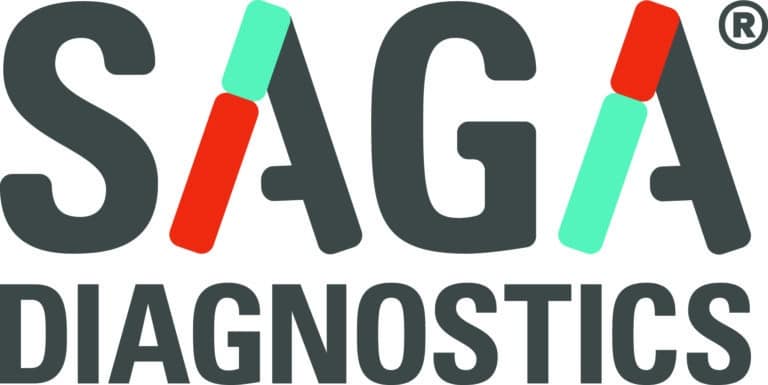 Logo for SAGA Diagnostics. The word SAGA appears in large letters, each A split into two colored segments—one red and one teal—followed by DIAGNOSTICS in smaller black text below.