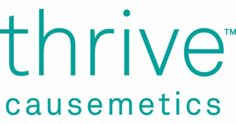 The image shows the Thrive Causemetics logo with thrive in large teal letters and causemetics in smaller teal letters below it.