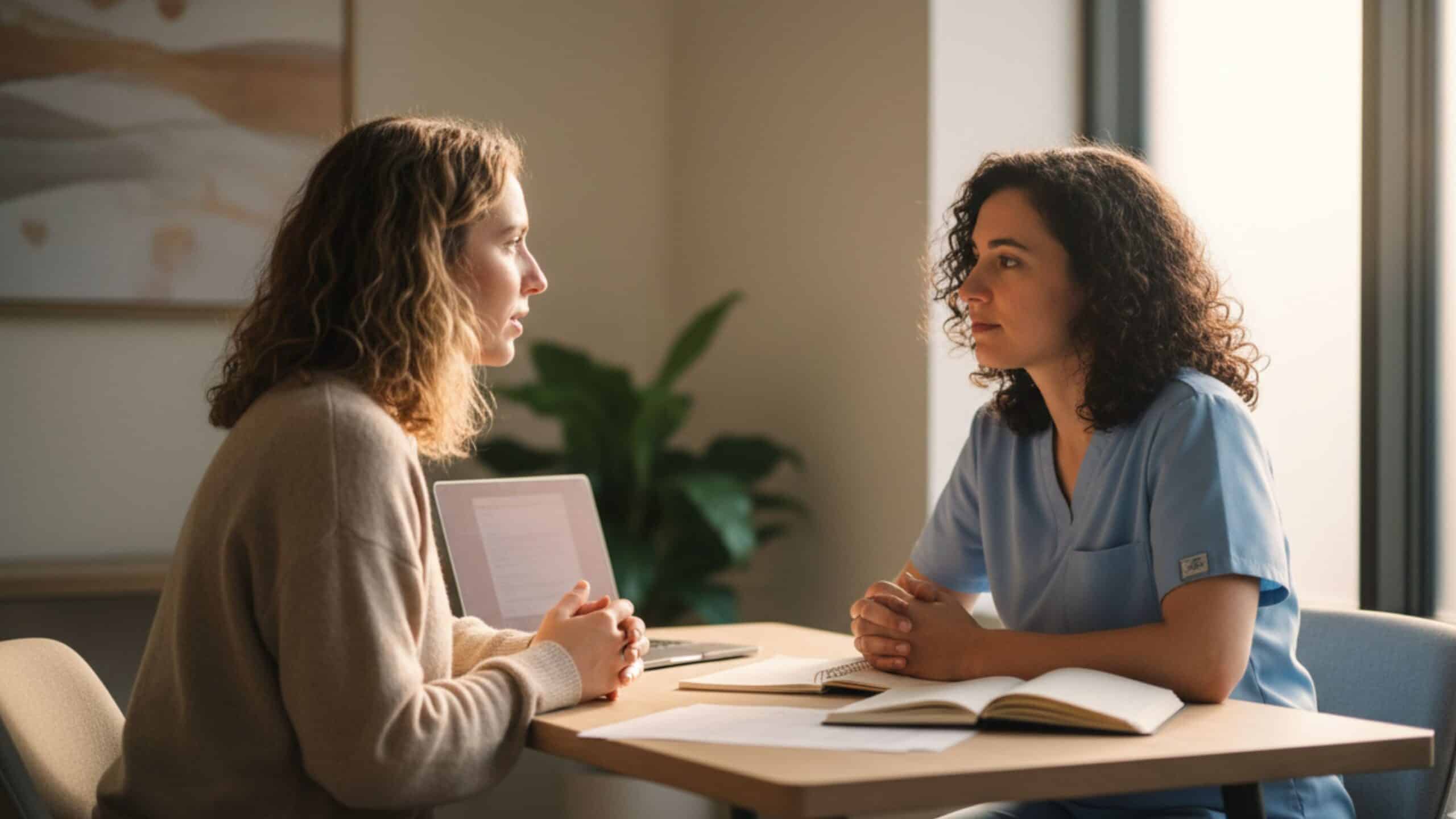 Two women sit across from each other at a table, engaged in conversation. One wears a beige sweater and holds a tablet, while the other in blue scrubs takes notes during their cancer support discussion.