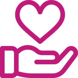 A simple pink line drawing of a hand facing upward with a heart shape hovering above the palm, symbolizing care, support, or giving.
