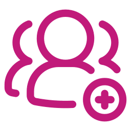Three magenta user icons overlap, with one in front and two behind. A magenta circle with a plus sign is at the lower right, indicating the concept of adding new users or members. The background is light gray.