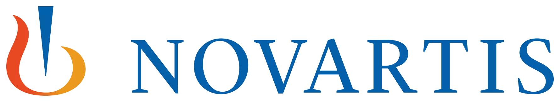 The image shows the Novartis logo with a stylized orange and blue flame symbol to the left of the company name NOVARTIS written in blue capital letters. The background is transparent.