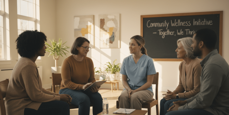 Five adults sit in a circle in a sunlit room, having a discussion. A chalkboard behind them reads Community Wellness Initiative – Together, We Thrive. Pamphlets and a water bottle are on the table in the center.