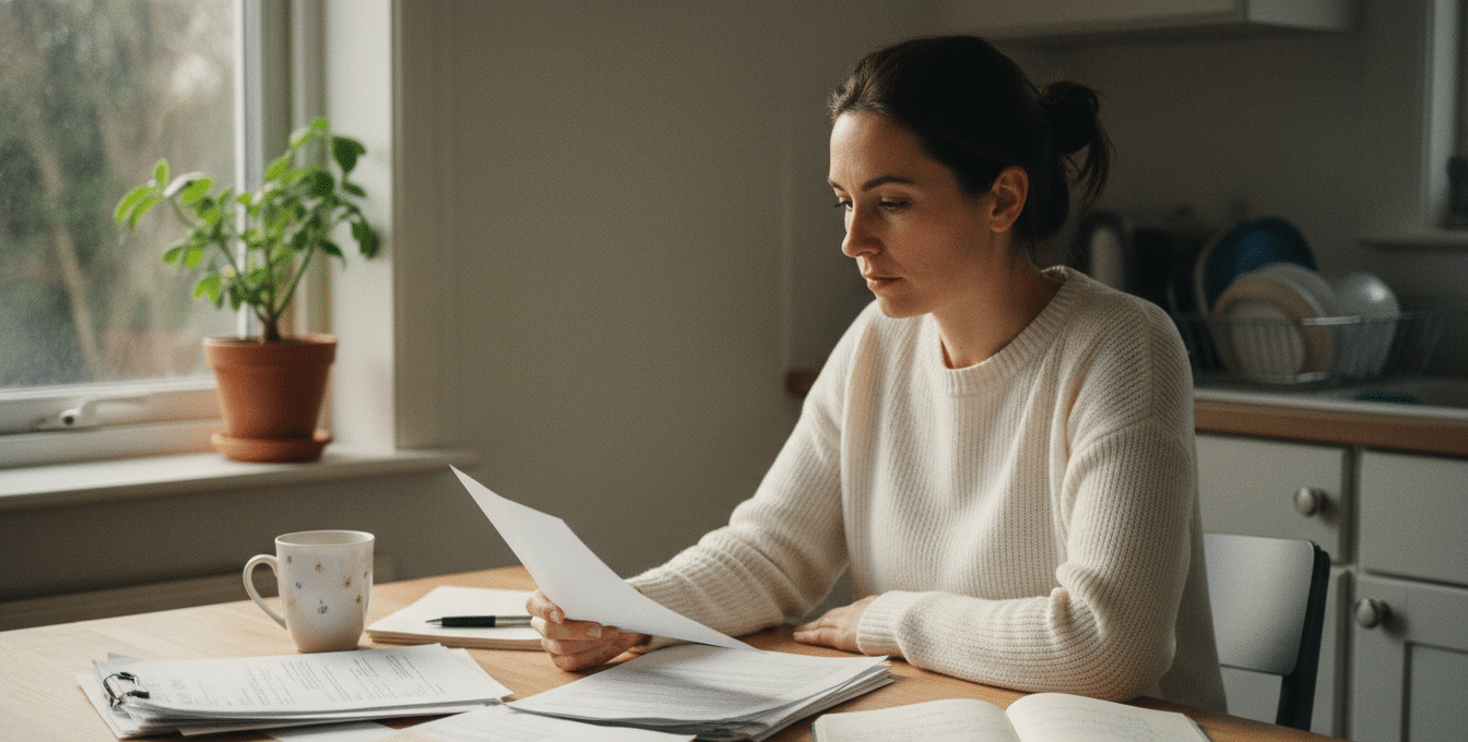 Two women sit at a table having a serious conversation about Jewish breast cancer support. One gestures with her hand while the other listens. Papers, a notebook, and a mug are on the table in front of them.