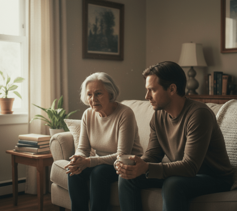 An older woman and a younger man sit together on a beige sofa in a living room, both looking forward with thoughtful expressions, perhaps reflecting on family health matters like hereditary breast cancer. The room has plants, books, and framed artwork on the walls.